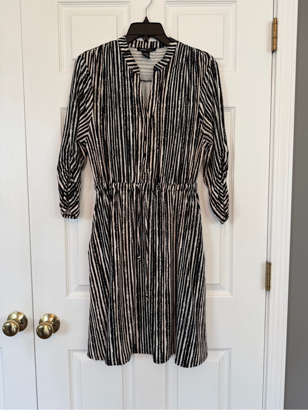 Robert Louis Black, Tan and White Striped Long-Sleeve Dress. Medium
